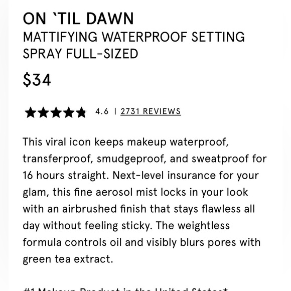 ♥️💖 ONE/SIZE On Til Dawn Matte WATERPROOF Setting Spray NWT - Picture 7 of 8